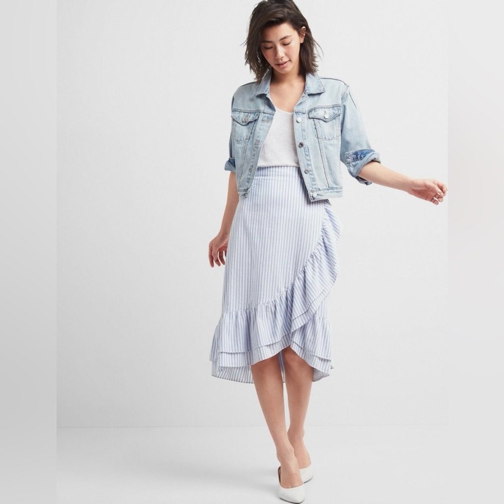 Gap Ruffle Wrap Midi Skirt Blue White Stripe Cotton NWT Women’s size 2 Coastal
